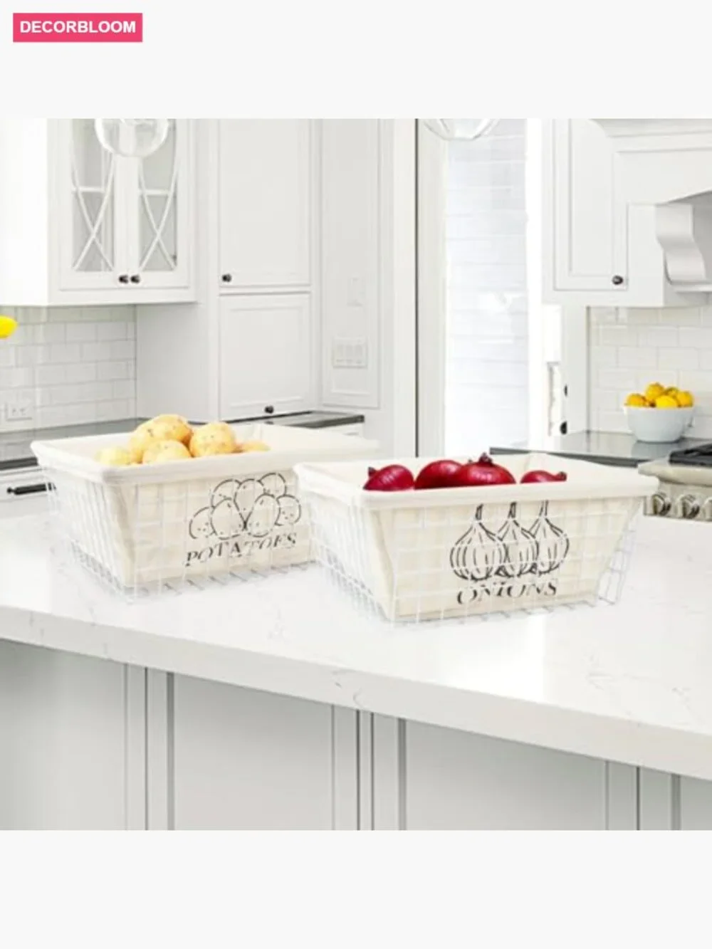 Potato and Onion Storage Baskets, Metal Wire with Cotton Lining, Kitchen Pantry